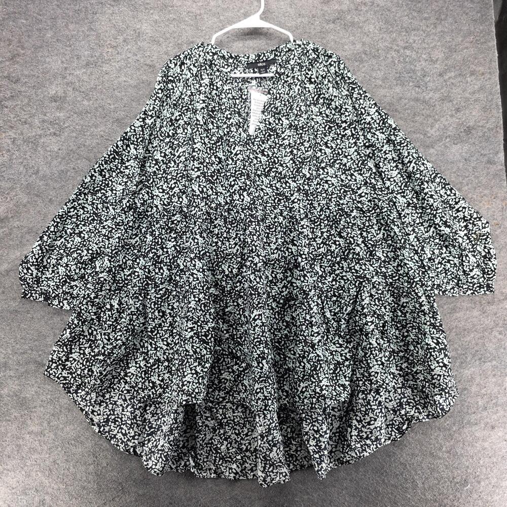 Ellos Tunic Blouse Womens 18/20 Black Animal Print V-Neck Long Sleeve Ruffle